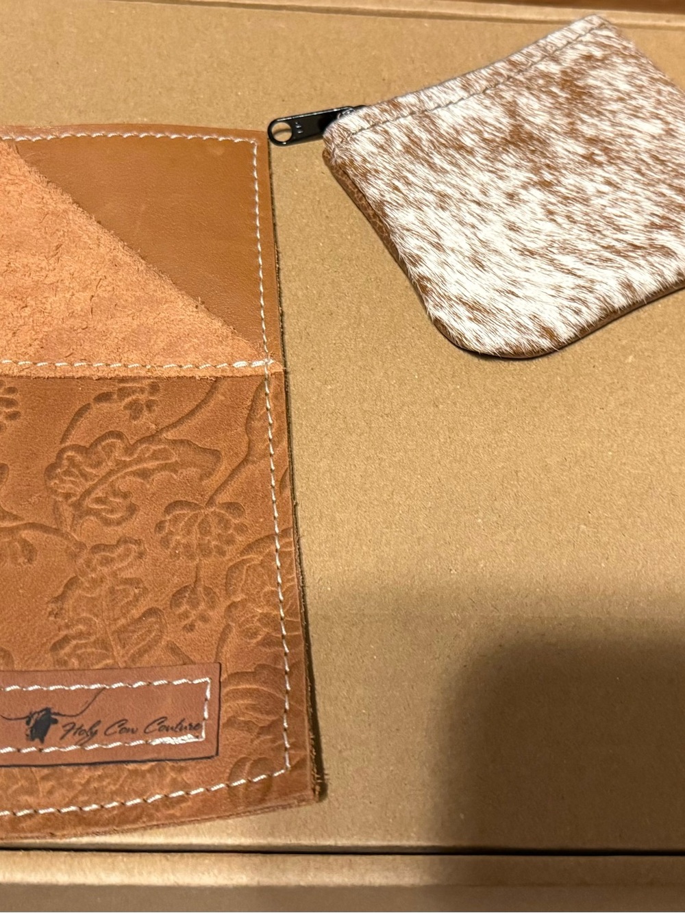 Embossed Brown Leather Travel Wallet with Hair-On-Hide Coin Pouch
